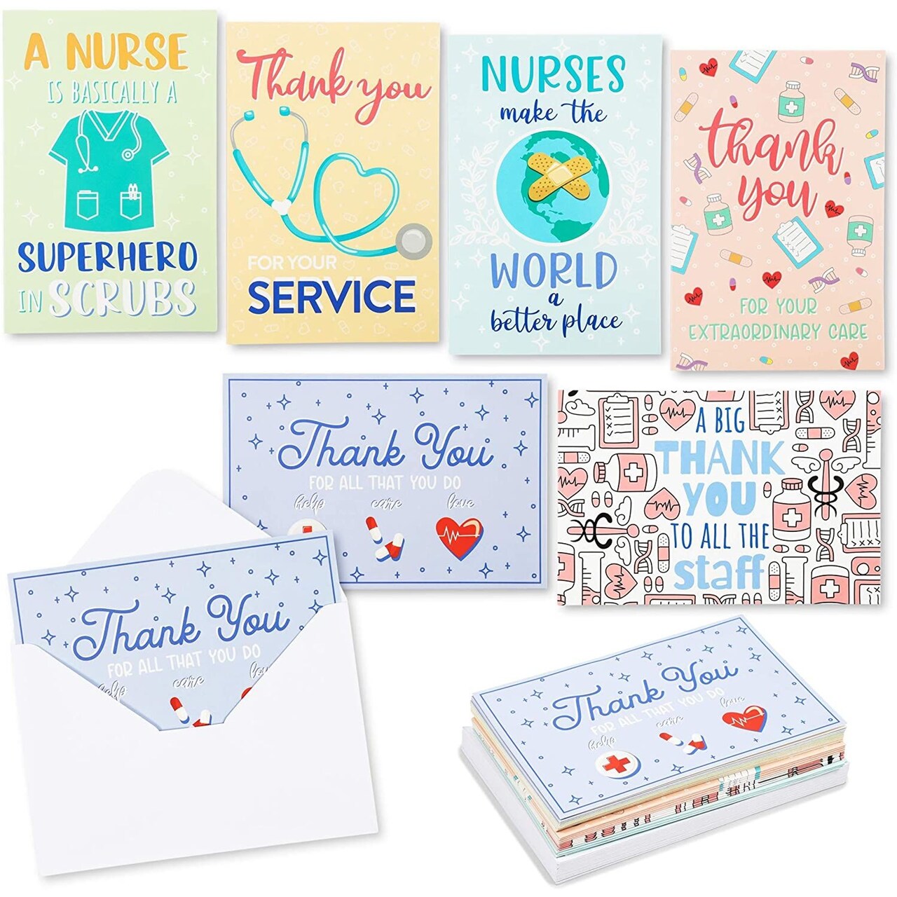 Pipilo Press Nurse Thank You Cards - 4 x 6 in, 24 Pack, 6 Multicolor Designs - Blank Appreciation & Recognition Set with Envelopes - Staff Appreciation & Nurses Week